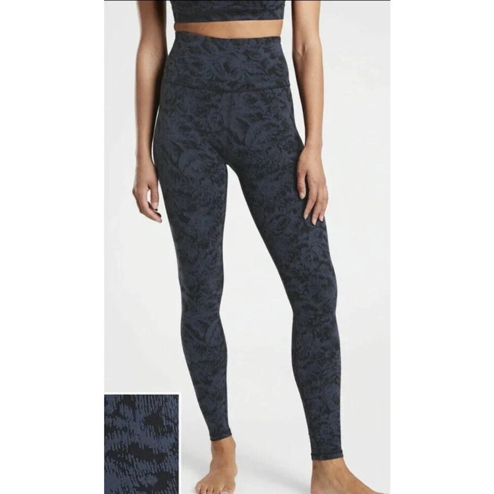 Athleta Elation Textured Tight High Waist Leggings Frosted Floral Black Blue XST